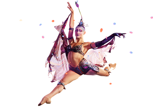 Female circus acrobat dancer in mid-air split wearing fantasy butterfly costume at live performance